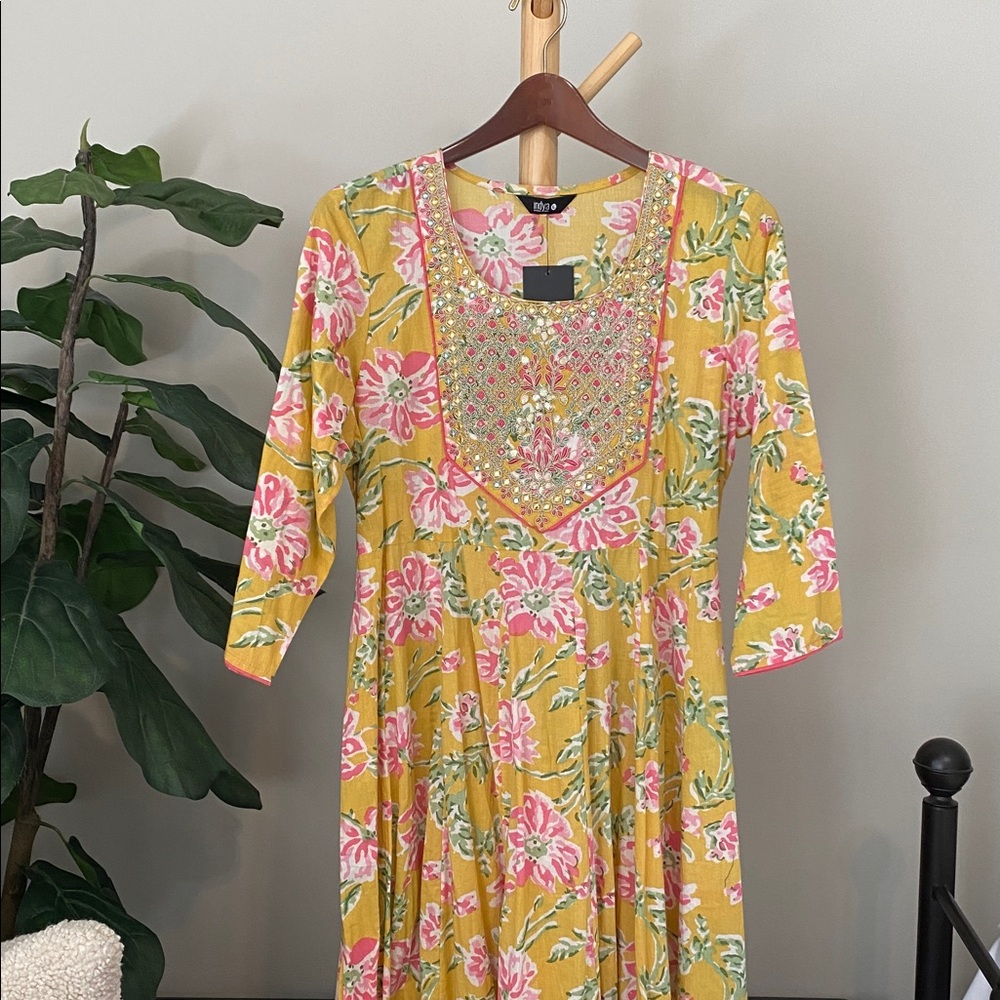 NWT House of Indya Floral Yellow and Pink Embellished Dress